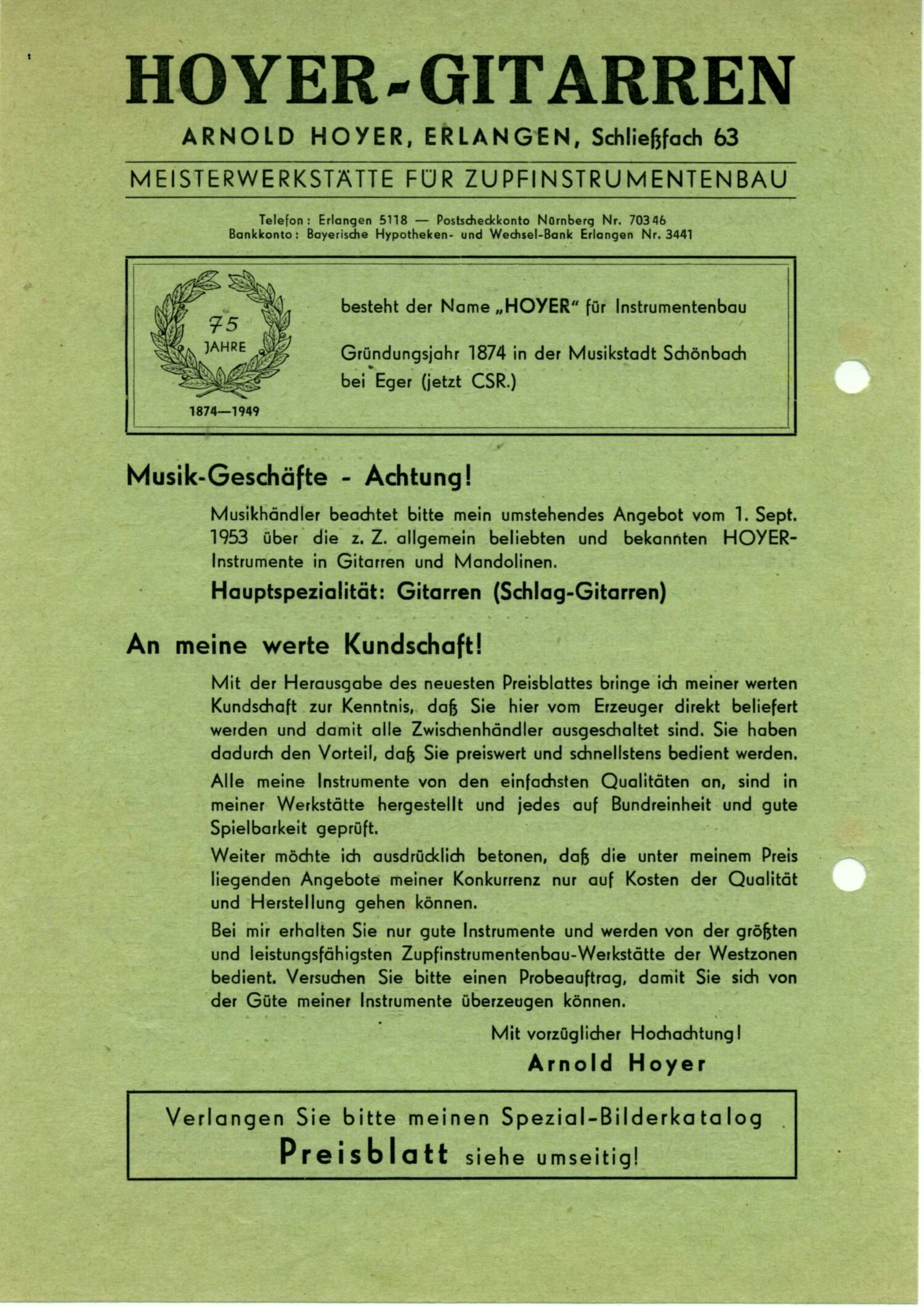 Front of a pale green 1953 price list headed HOYER-GITARREN for Arnold Hoyer in Erlangen, with a laurel-wreath badge reading “75 JAHRE 1874–1949,” paragraphs addressed to music shops and customers signed Arnold Hoyer, and a footer promoting a special picture catalogue and the price list on the reverse.
