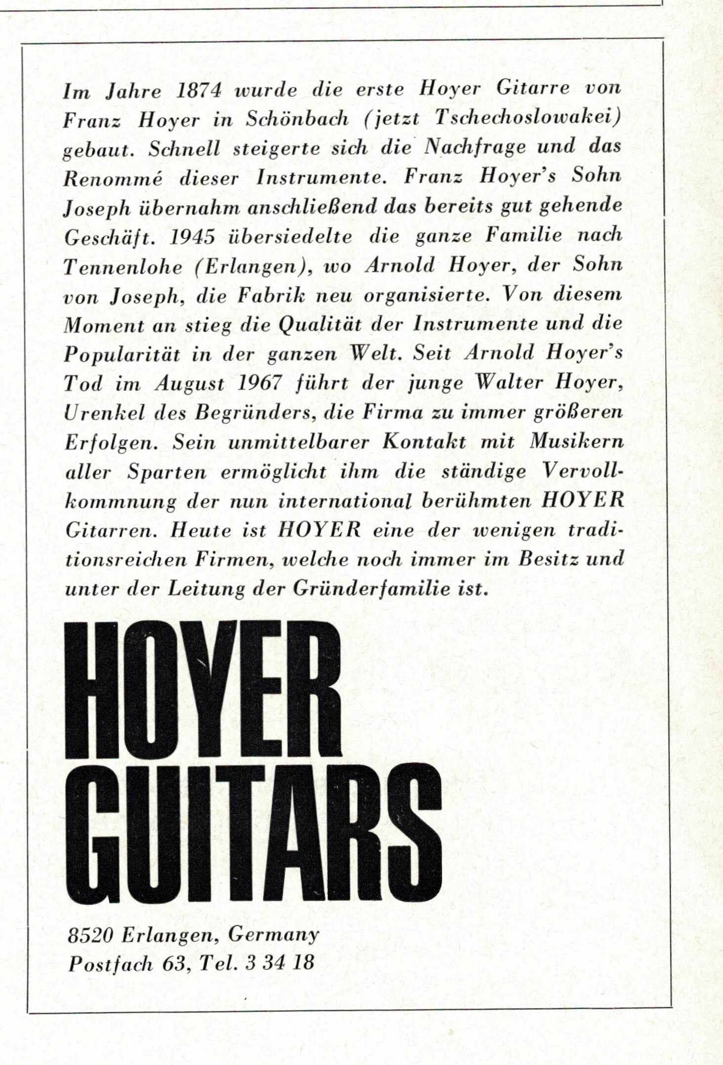 Printed page of German body text recounting Hoyer family history from 1874, ending in a large bold HOYER GUITARS logotype with the Erlangen postal address and telephone number below.