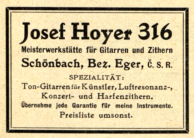 Black-bordered print advertisement for Josef Hoyer 316, master workshop for guitars and zithers in Schönbach, listing tone guitars for artists and several zither types, with an offer of a free price list.