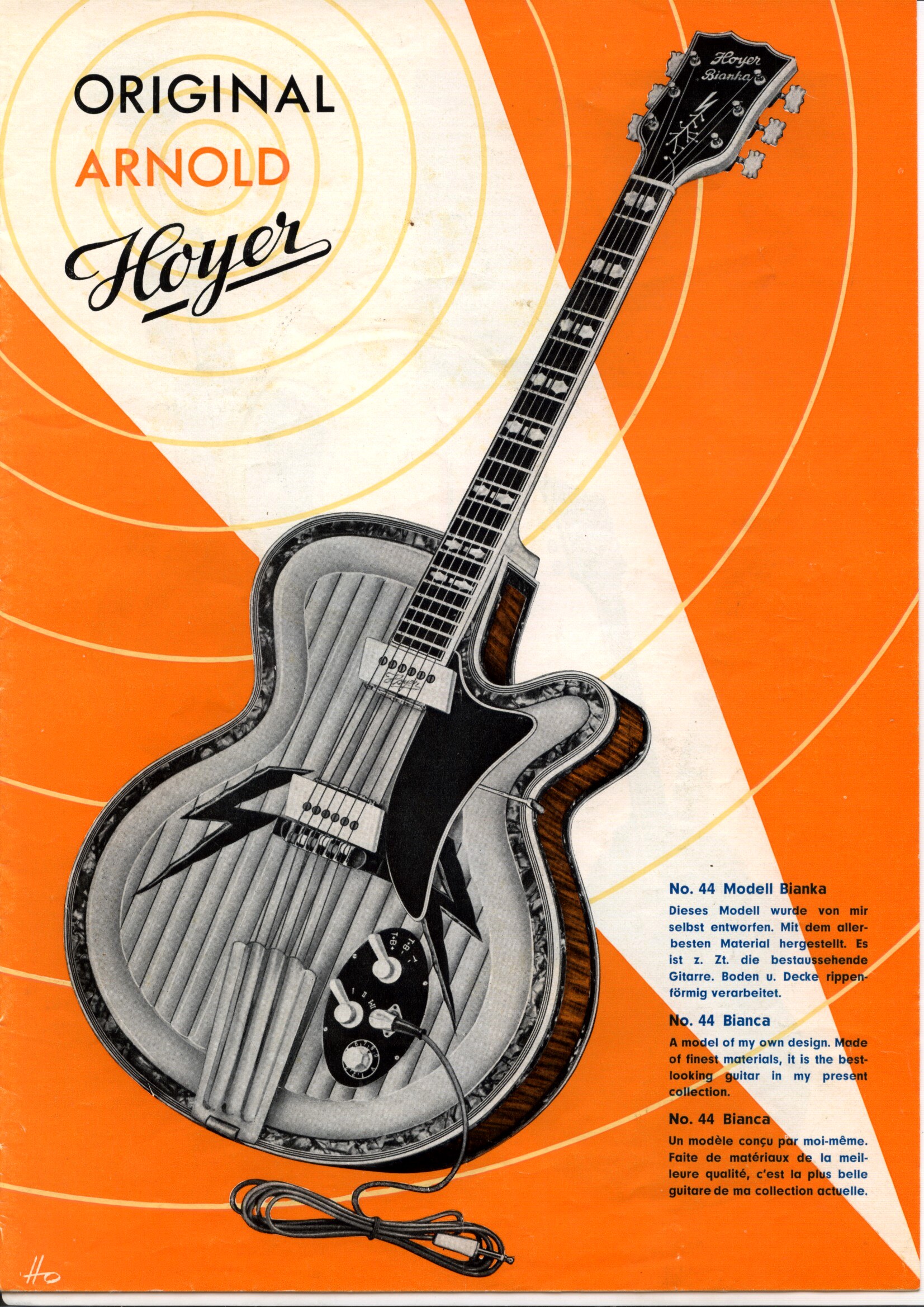 Colour catalogue page for the cutaway electric Bianka model on an orange-and-white target background, with a cutaway illustration of ribbed top construction, black pickguard and controls, plus German, English and French model notes.