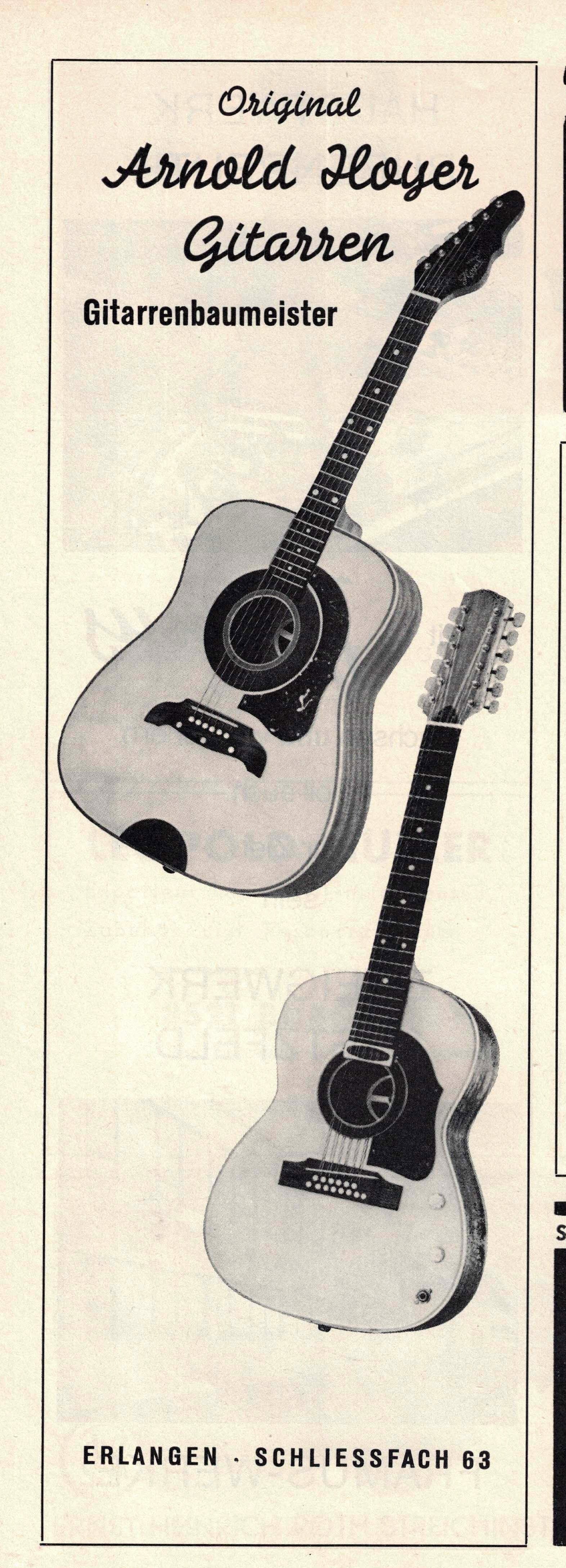 Tall black-and-white advertisement for Original Arnold Hoyer guitars showing two light western-style acoustics—one six-string and one twelve-string—with Erlangen postal address at the foot.